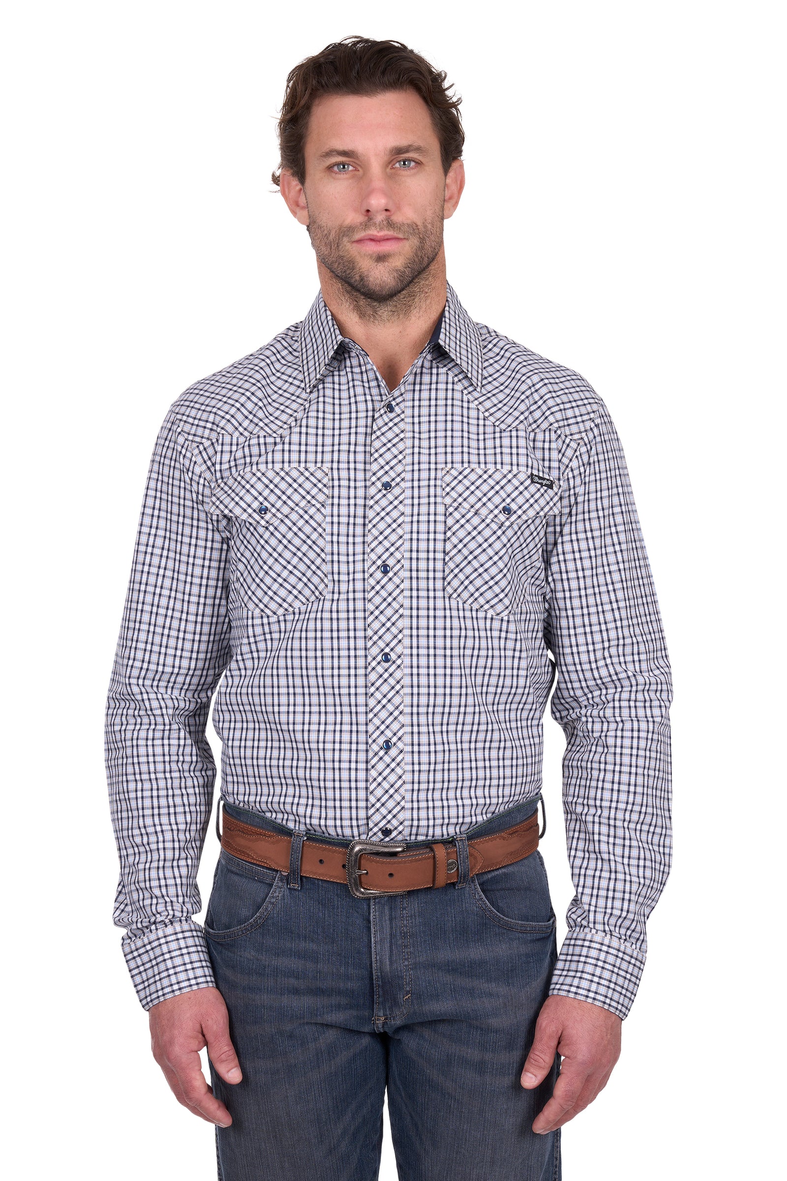 Man wearing a plaid shirt and jeans on a white background