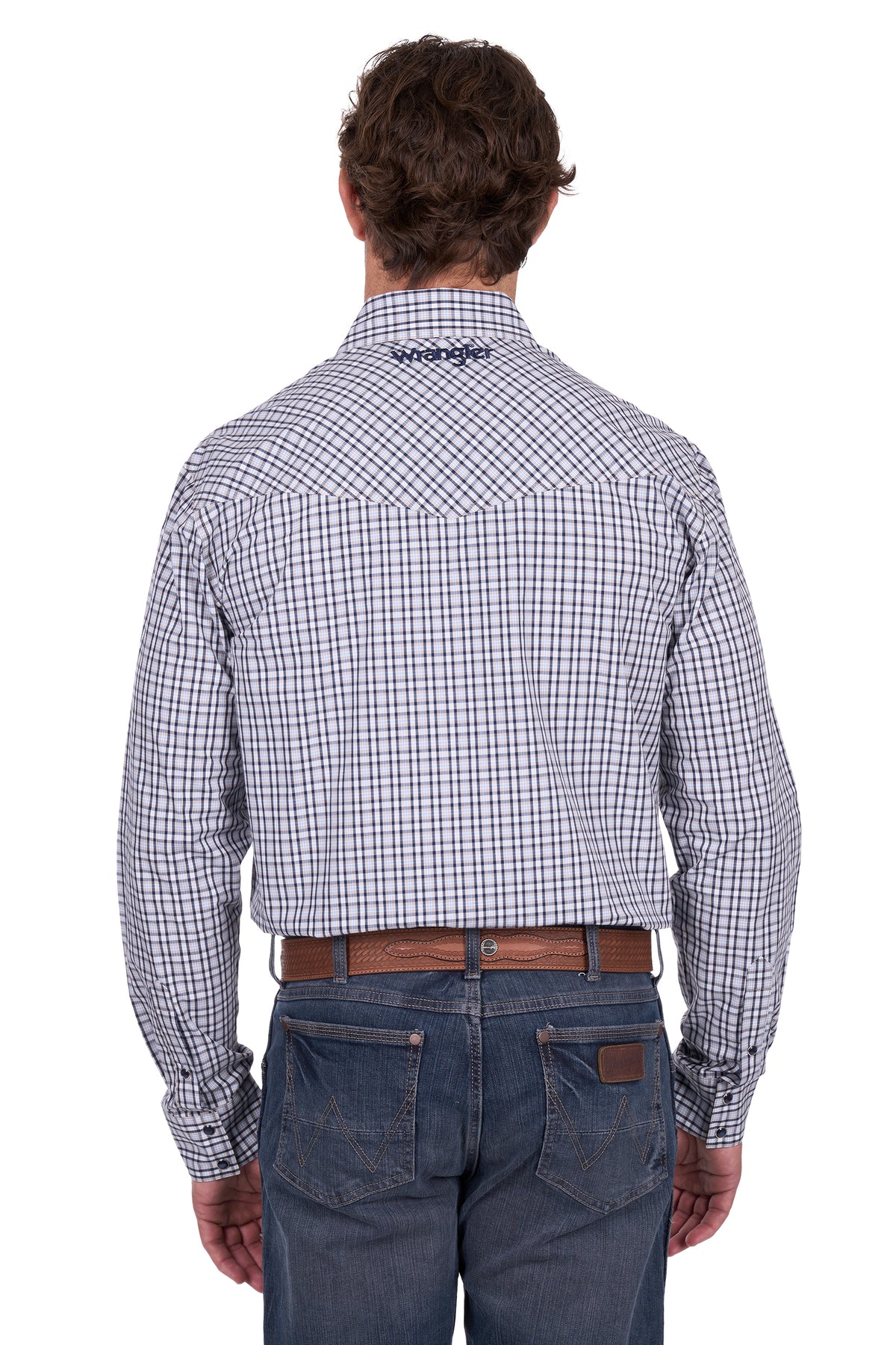 Man wearing a checkered shirt and jeans on a white background