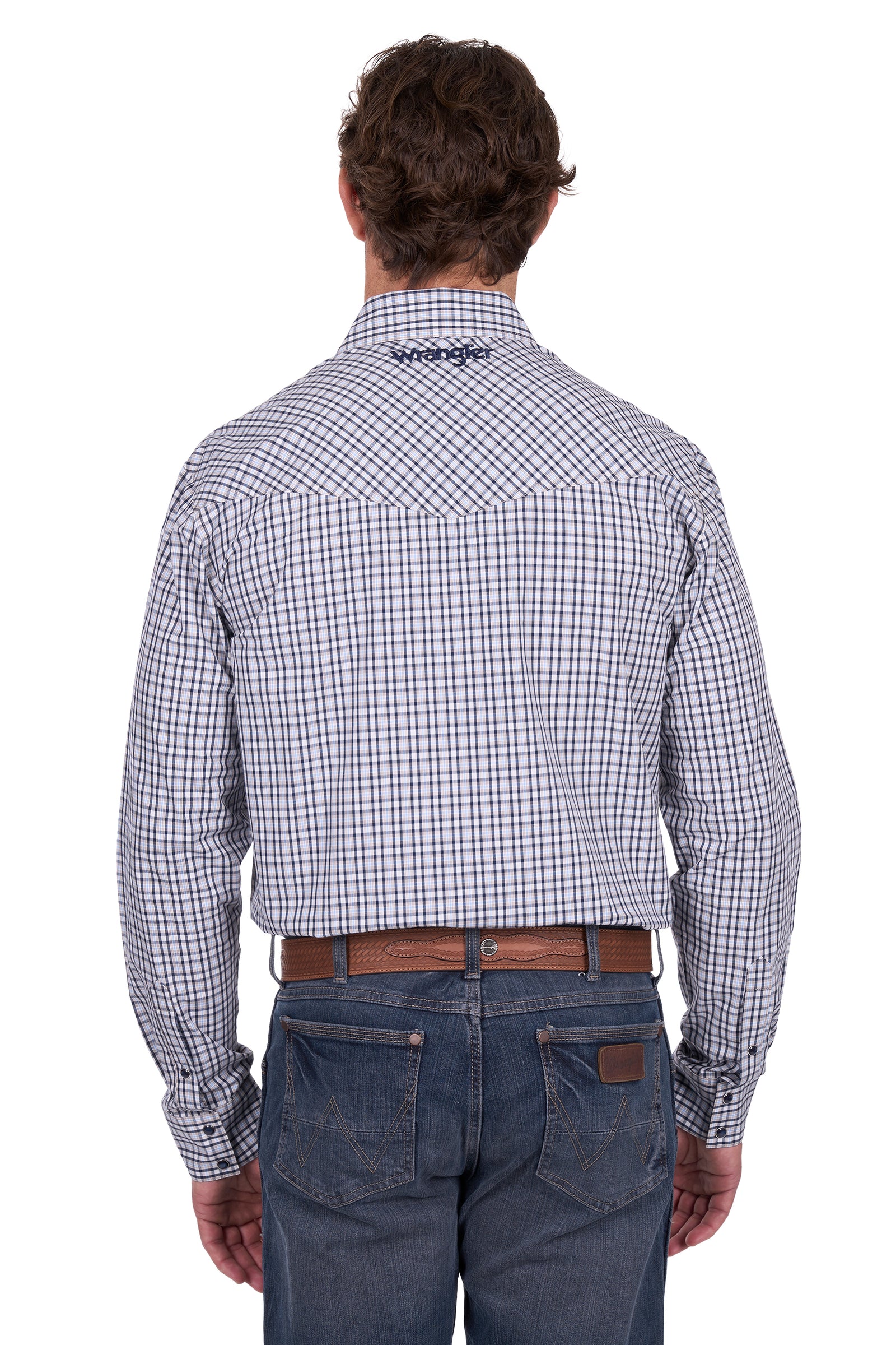 Man wearing a checkered shirt and jeans on a white background