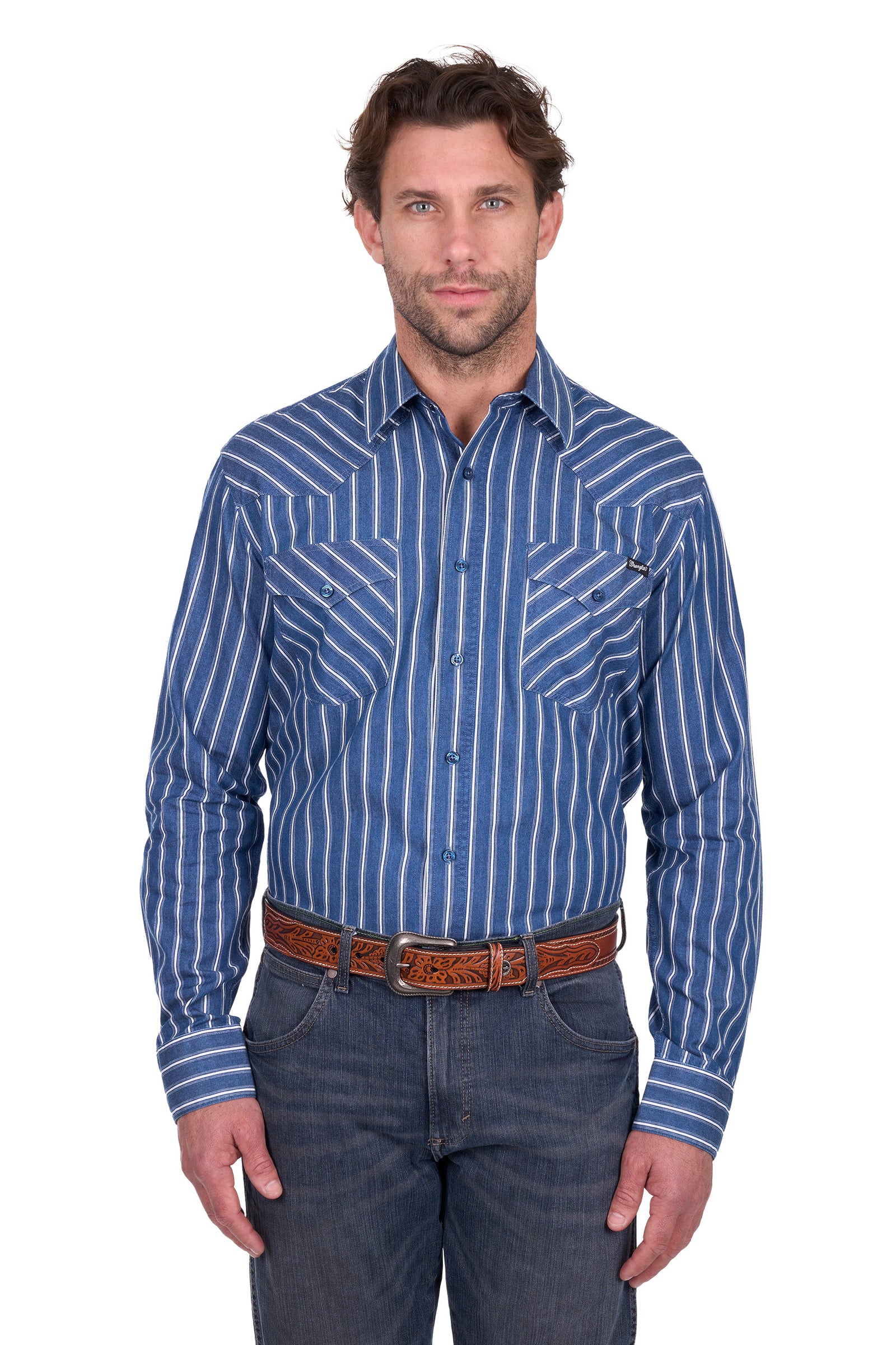 Man wearing a blue striped shirt and jeans on a white background