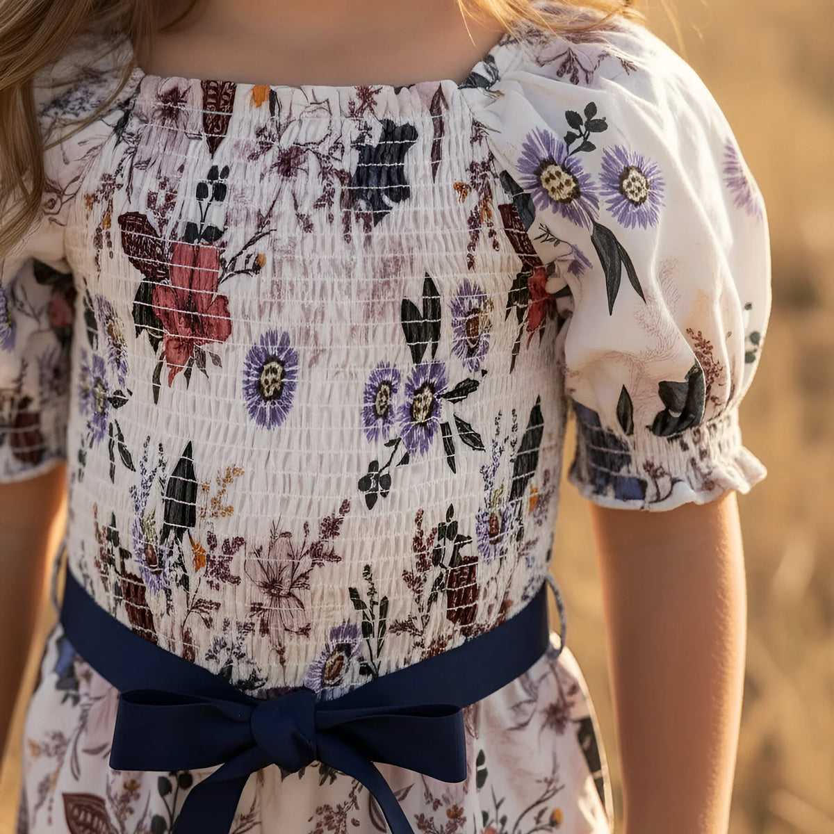 Child wearing a floral dress with a navy belt in a natural setting