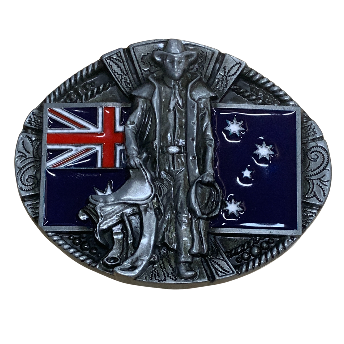 Tulmur belt buckle with a cowboy figure, Australian flag.