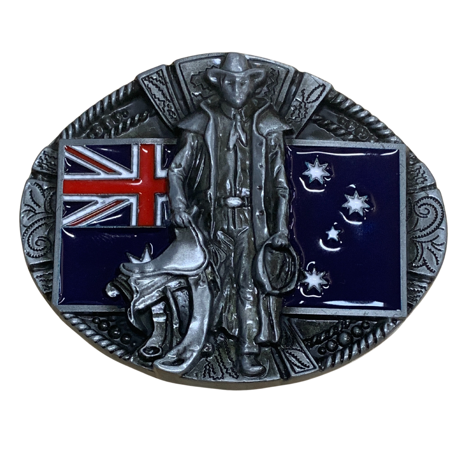 Tulmur belt buckle with a cowboy figure, Australian flag.