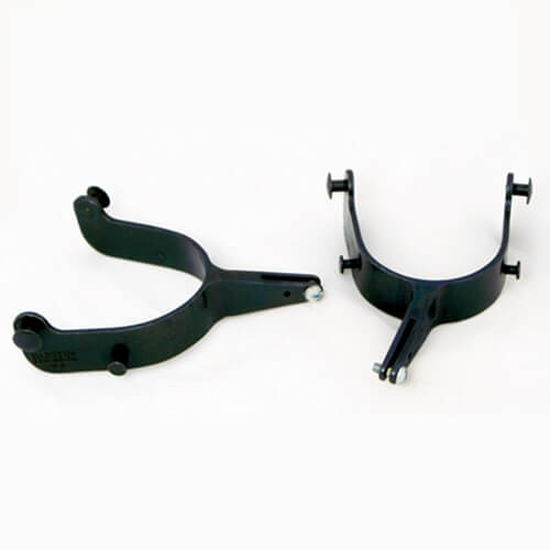 Barstow 22° Bull Riding Spurs. A pair of black metal bull riding spurs with a 22.5-degree offset shank.