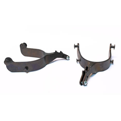 Barstow Draggin Head 26 Bull Riding Spurs. Two silver-colored metal spurs with a twisted shank design, isolated on a white background.