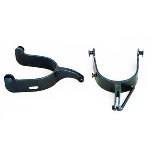 Barstow Etbauer Saddle Bronc Spurs. A pair of black saddle bronc spurs designed for riding with a rein guard on one spur.