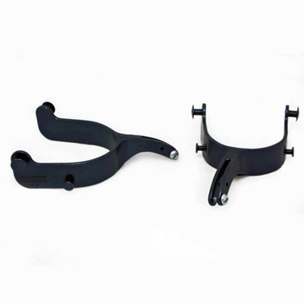 Barstow 26° Turned Down Twisted Spurs. Two black metal spurs with a twisted shank design, isolated on a white background.