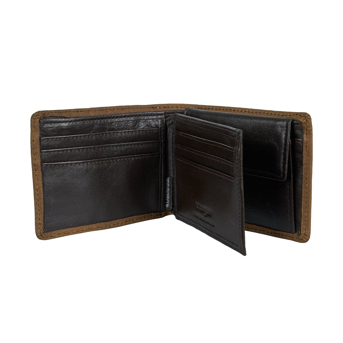 Brown leather wallet with open design on a white background