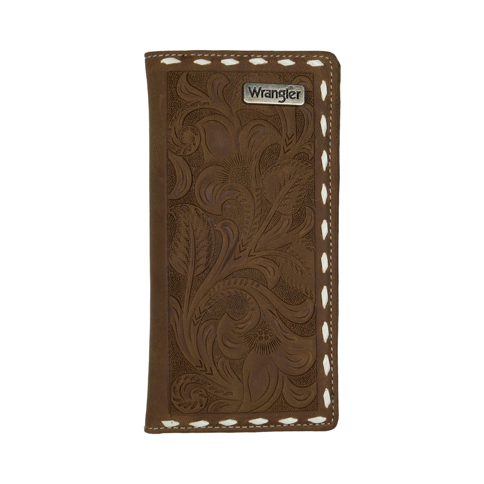Brown leather wallet with floral patterns and white stitching on a white background, featuring the Wrangler brand.