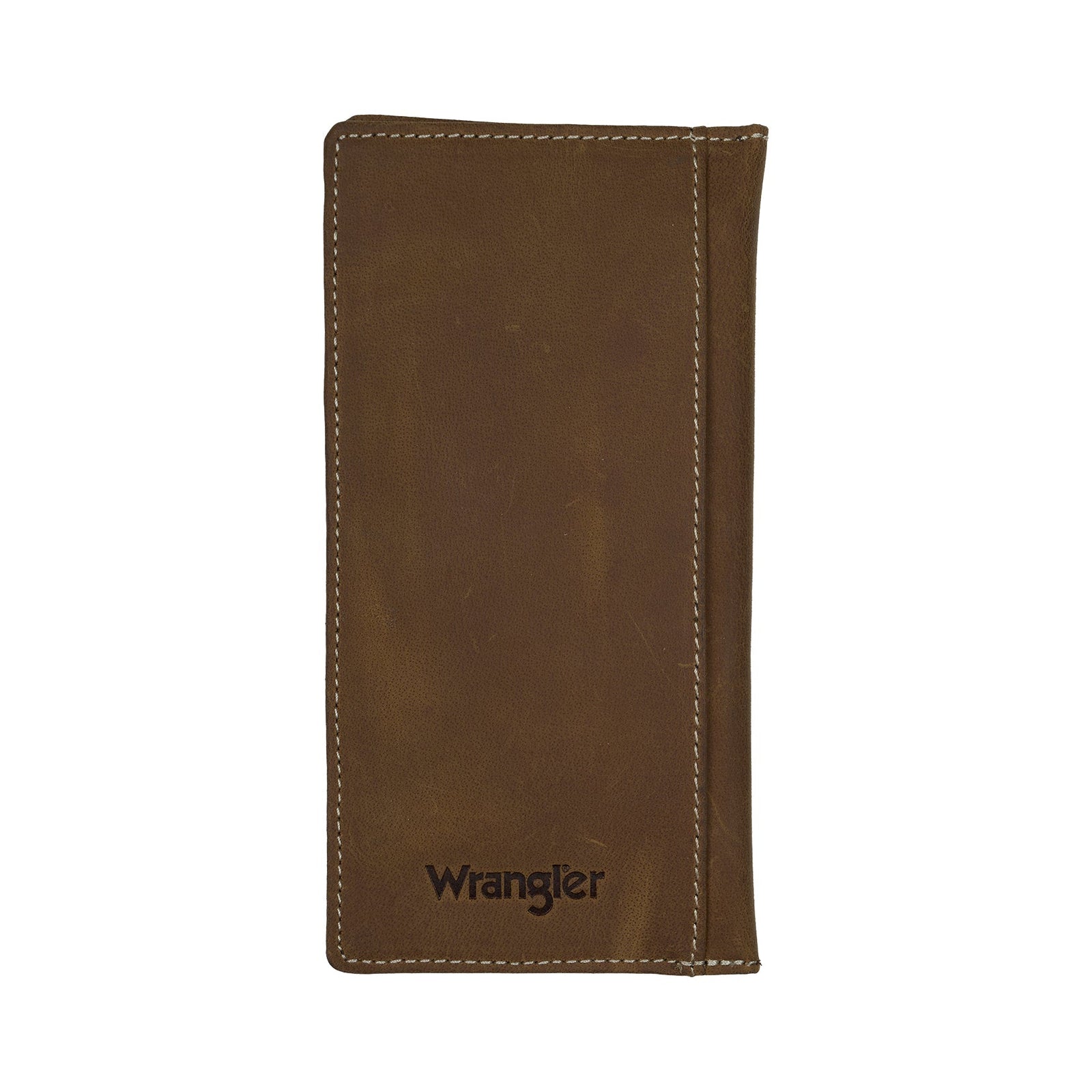 Brown leather wallet with floral patterns and white stitching on a white background, featuring the Wrangler brand.