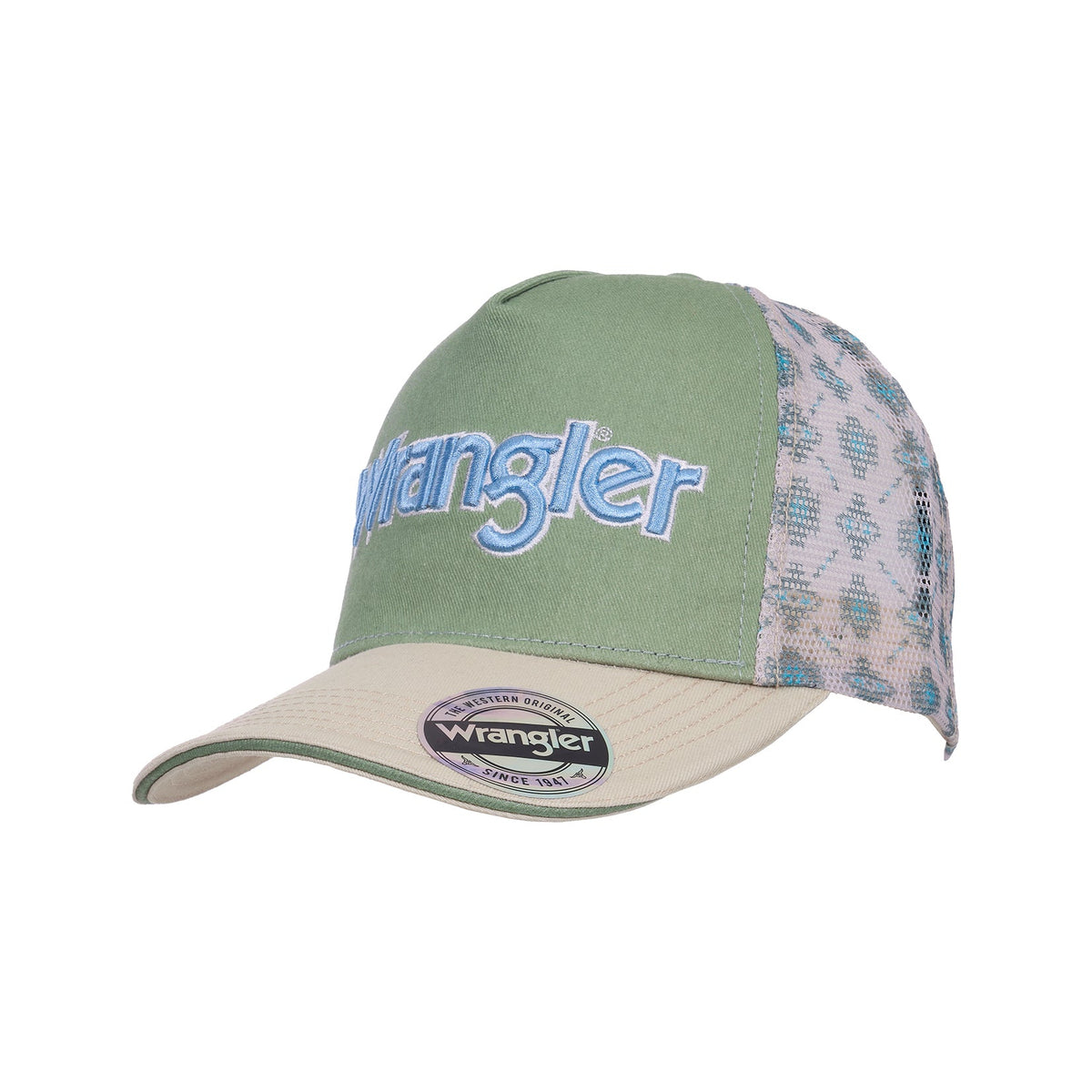Green and beige cap with floral pattern on a white background