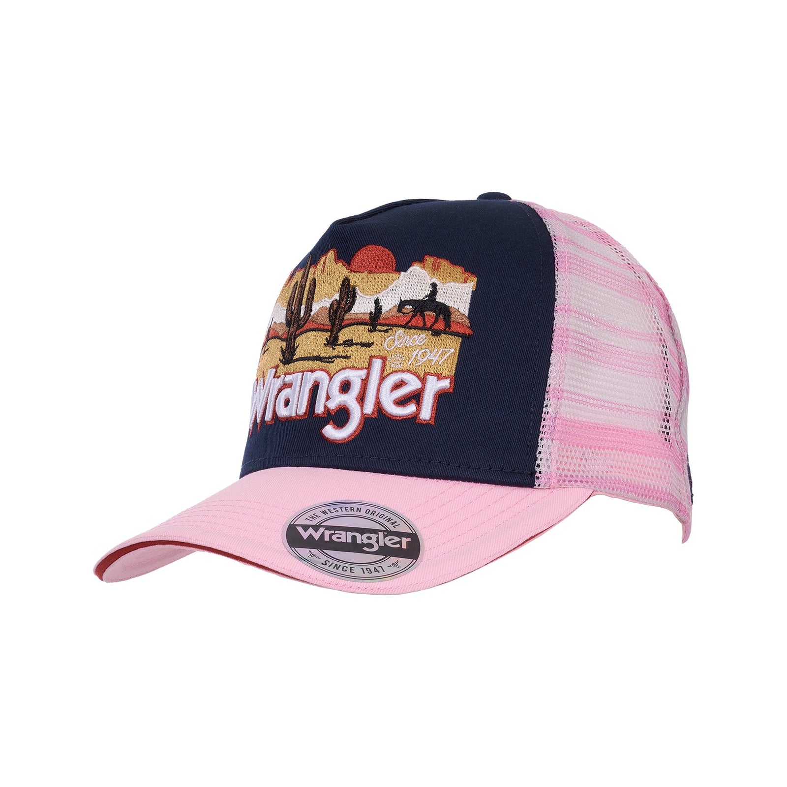 Pink and navy cap with Wrangler logo on a white background