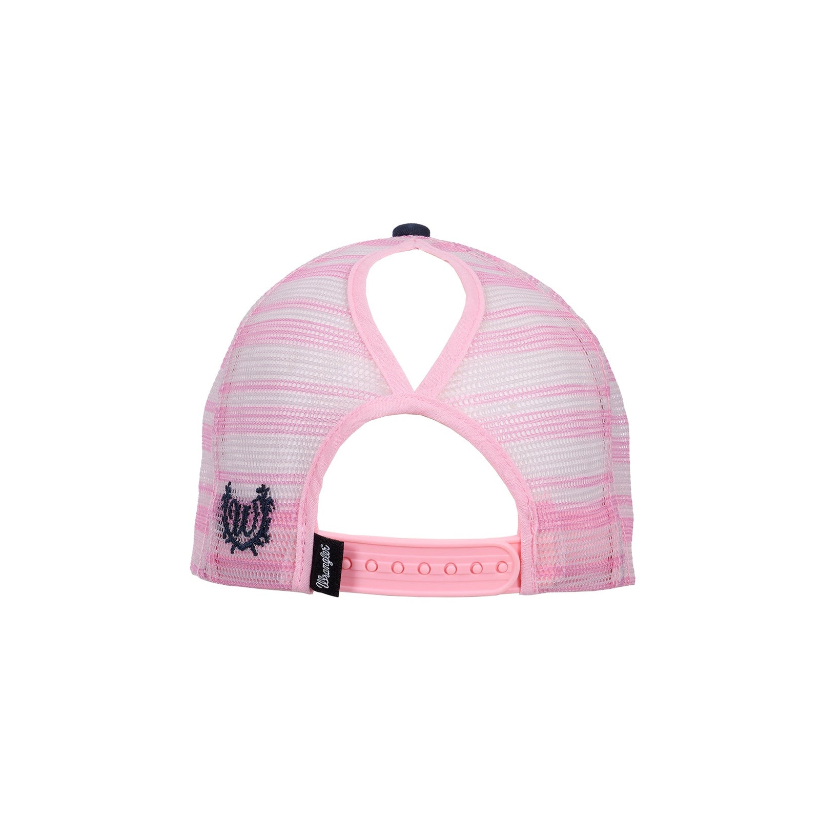 Pink and navy cap with Wrangler logo on a white background