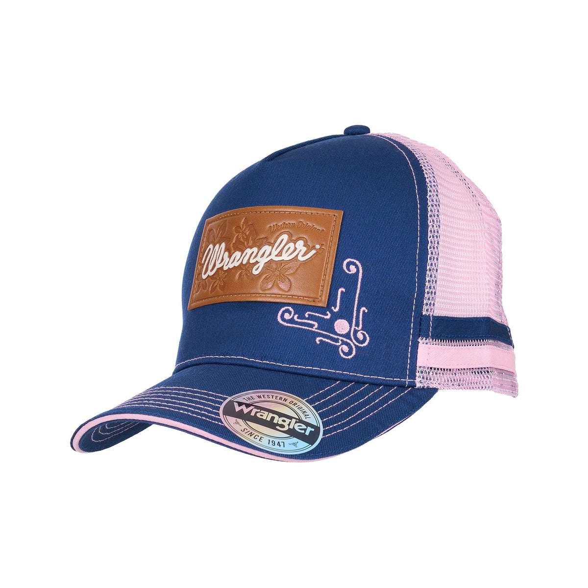 Blue and pink cap with a brown logo on a white background
