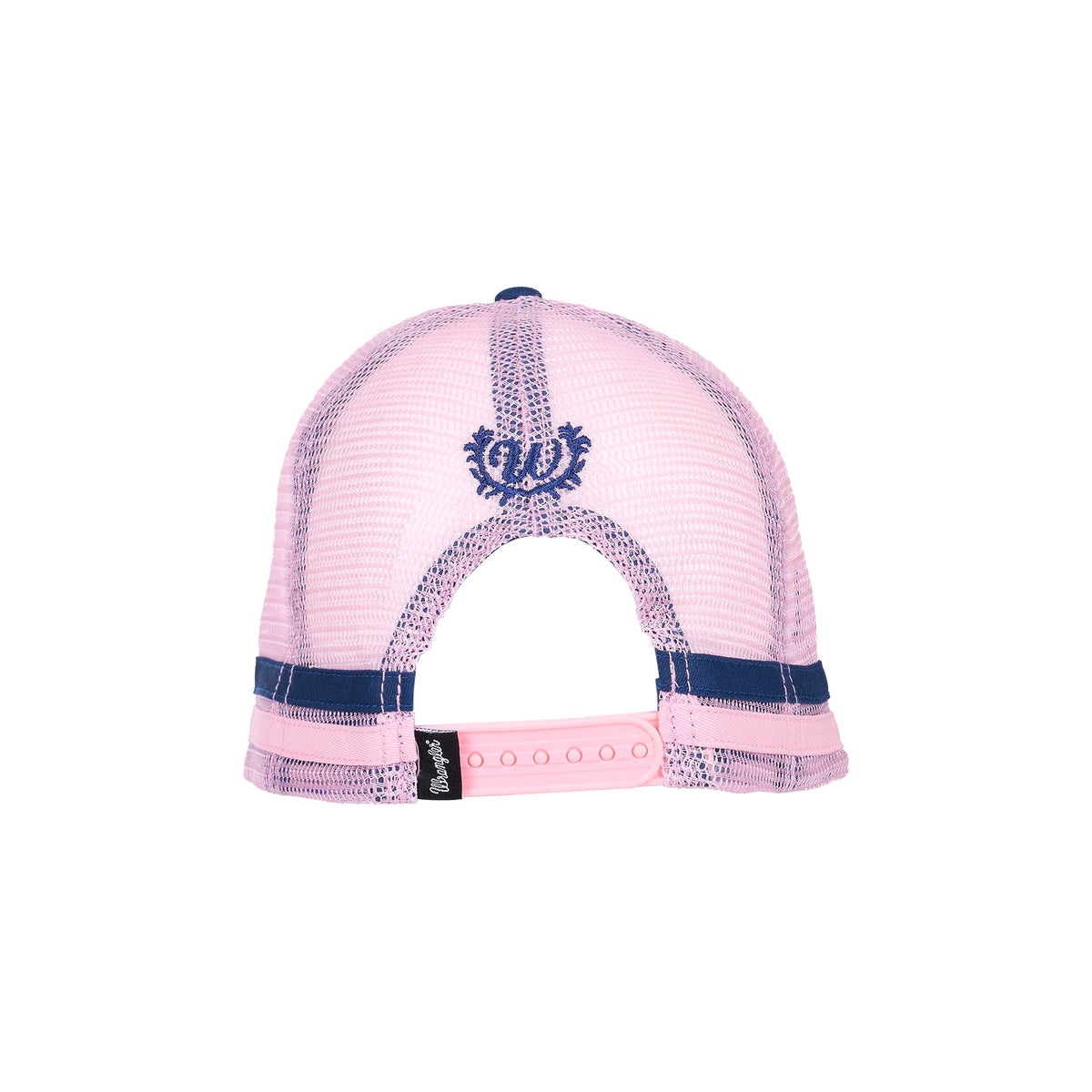 Pink cap with blue accents on a white background