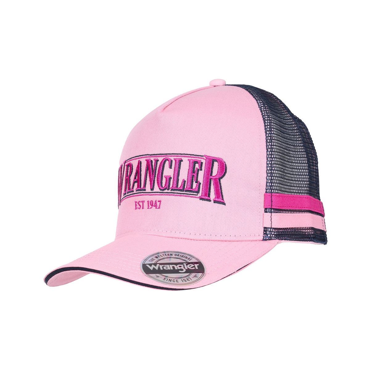 Pink cap with black mesh and pink accents on a white background