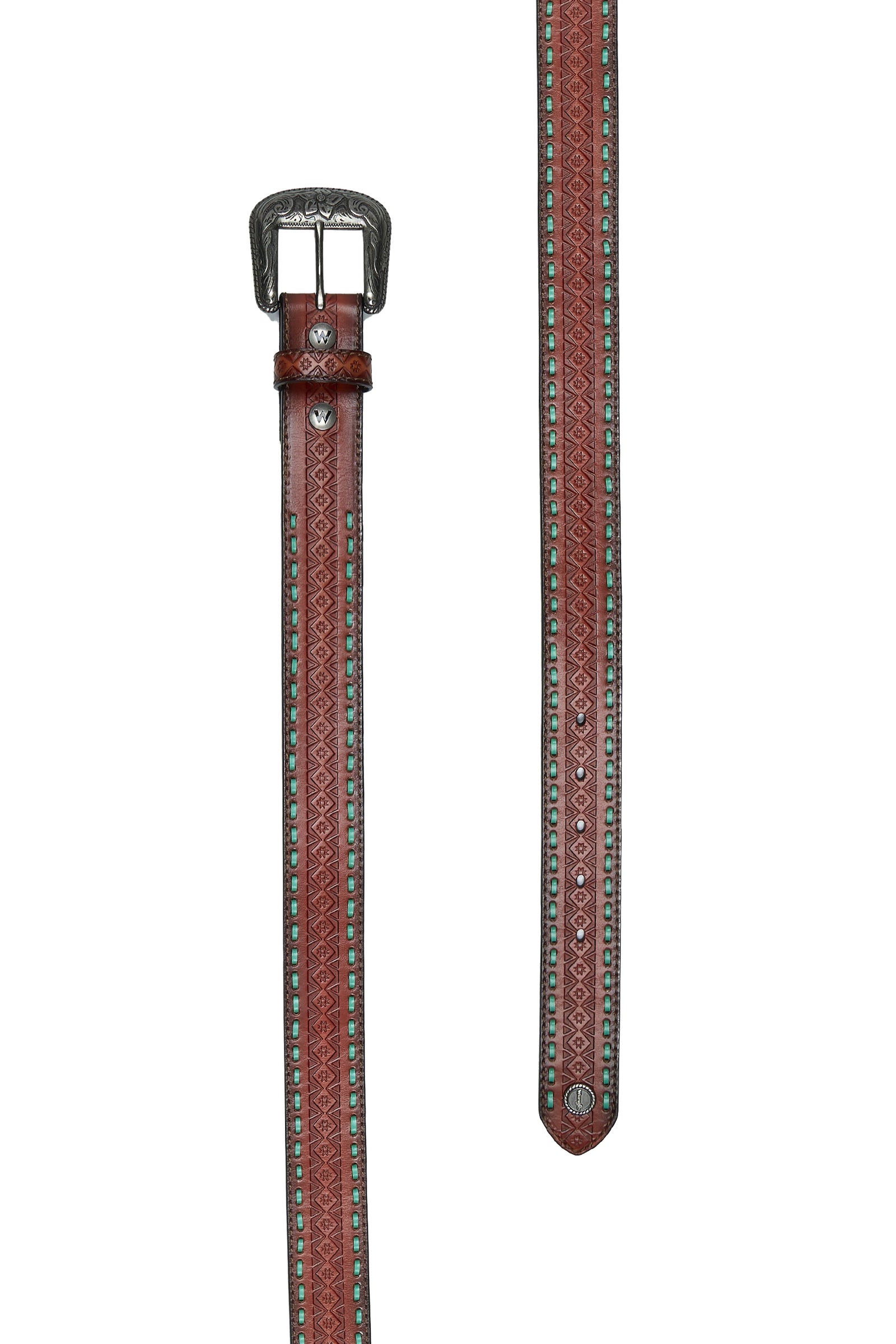 Brown leather belt with decorative buckle on a white background