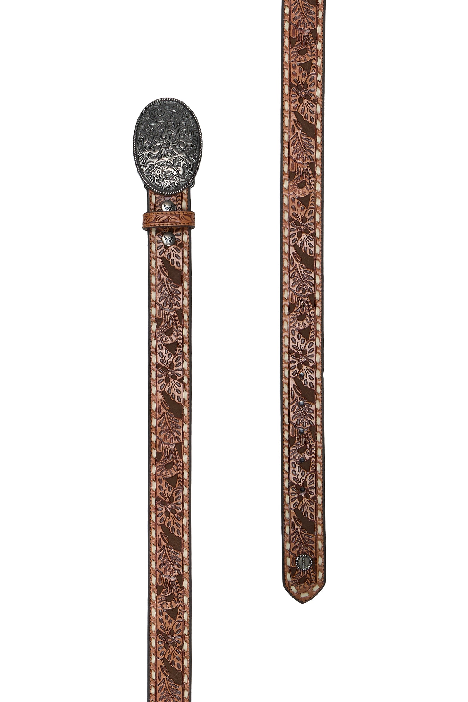 Brown leather belt with intricate design and large decorative buckle on a white background