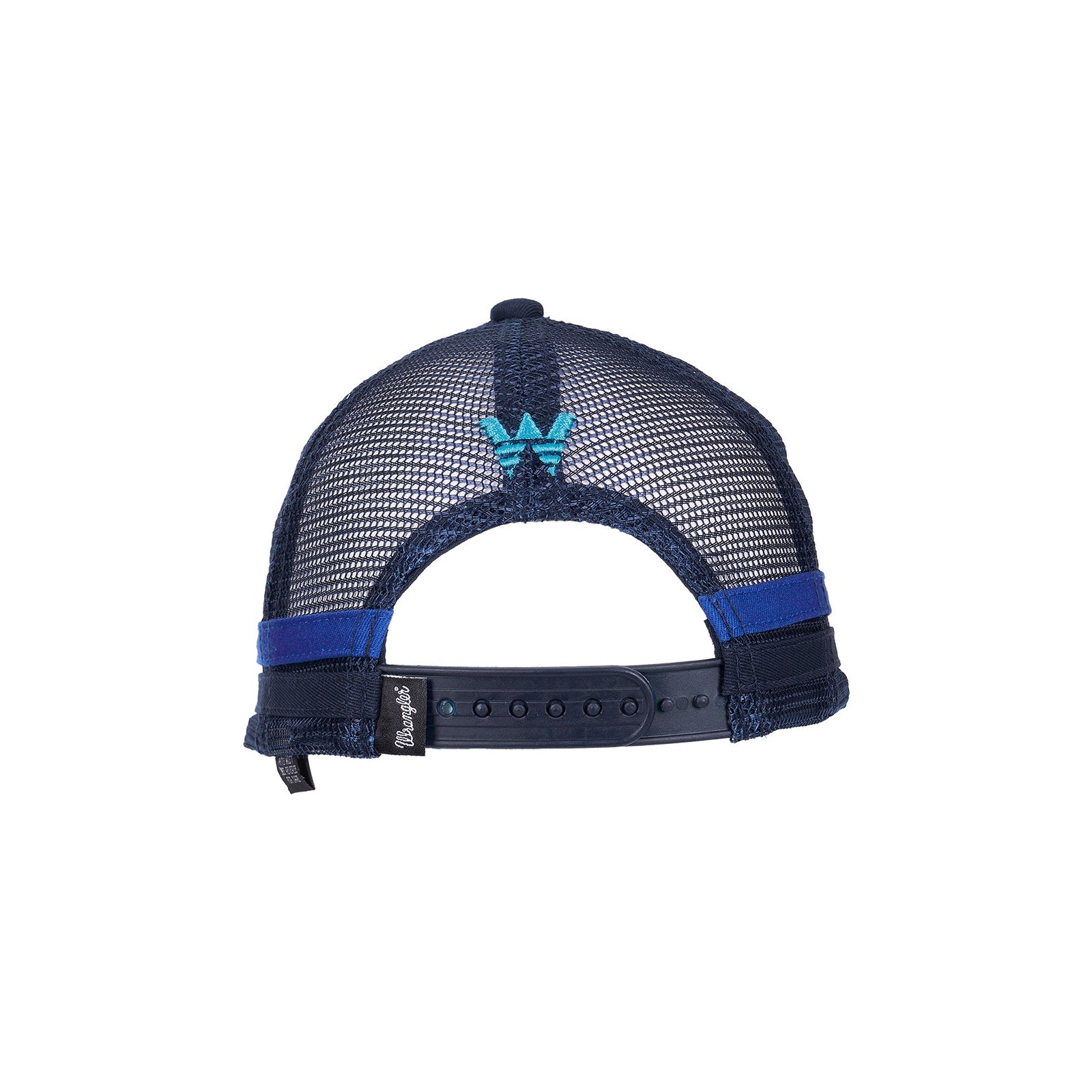 Blue cap with cow design and Wrangler branding on a white background