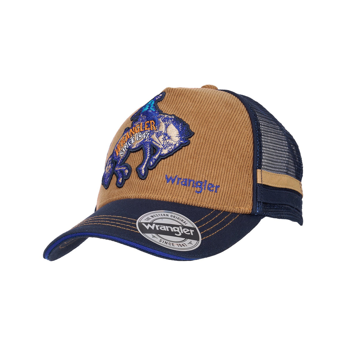 Brown and blue cap with a logo on a white background