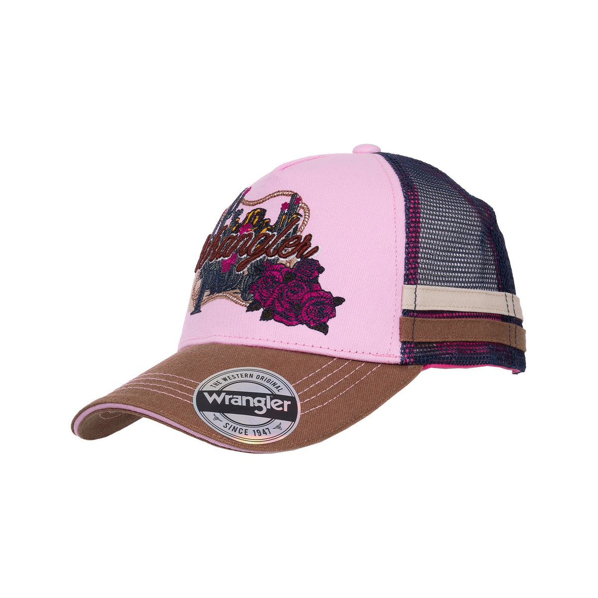 Pink and brown cap with floral design and Wrangler logo on a white background