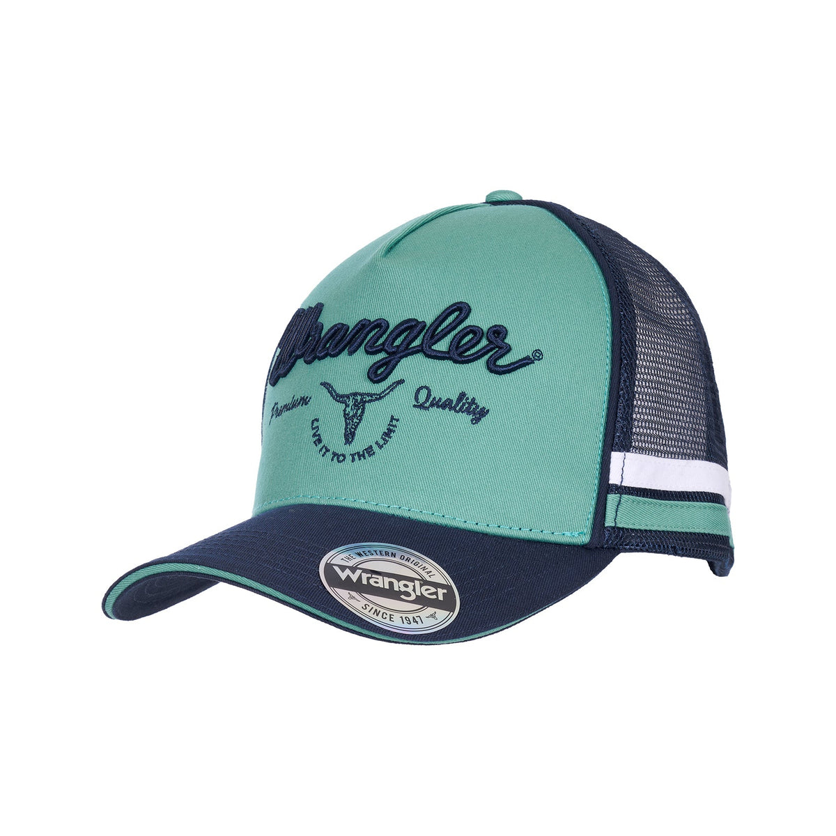 Green and navy cap with 'Wrangler' branding on a white background