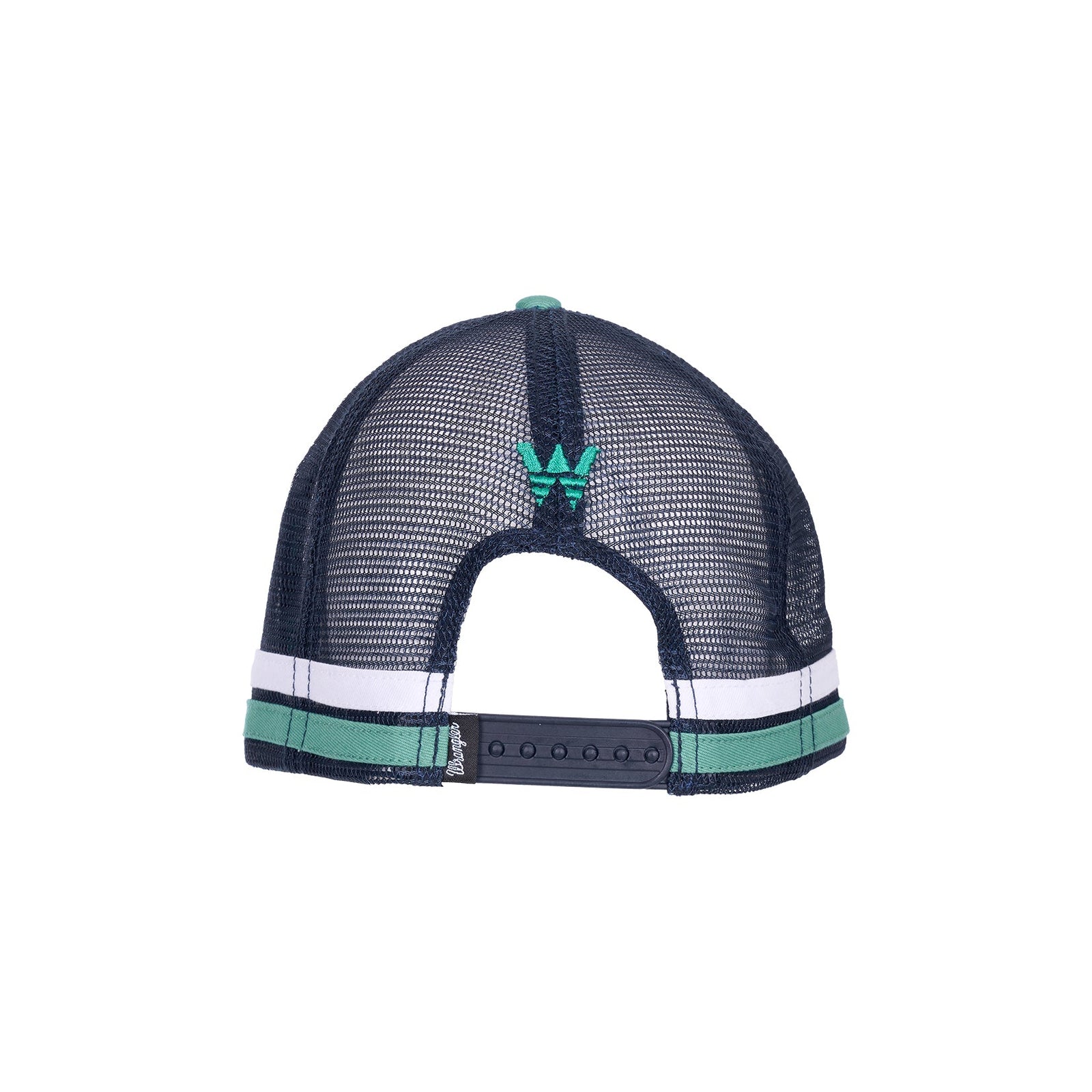Green and navy cap with 'Wrangler' branding on a white background