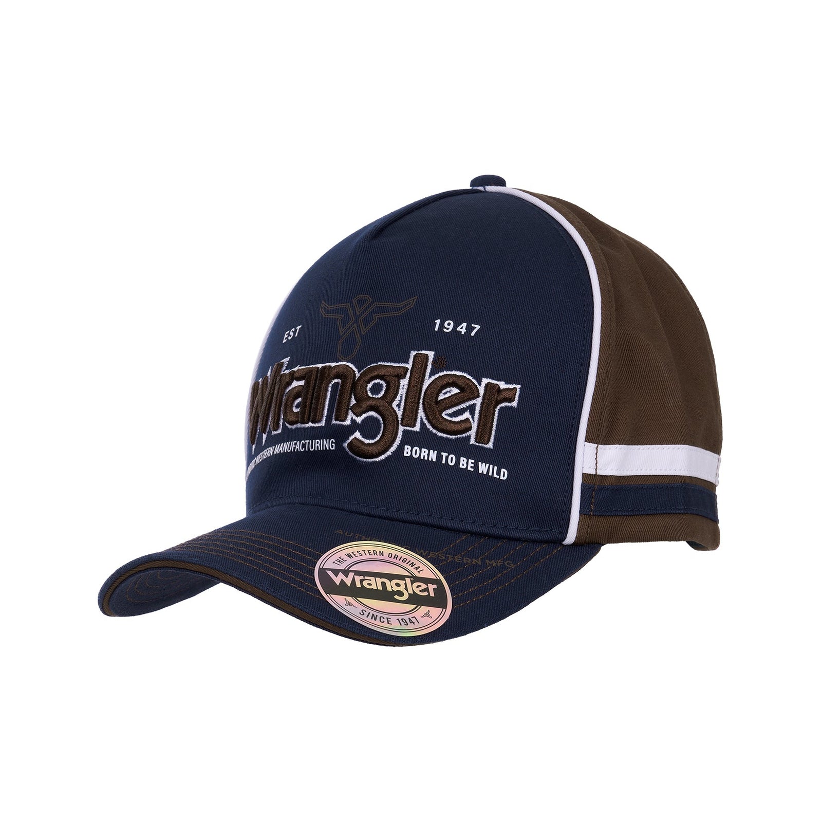 Navy and brown cap with Wrangler logo on a white background
