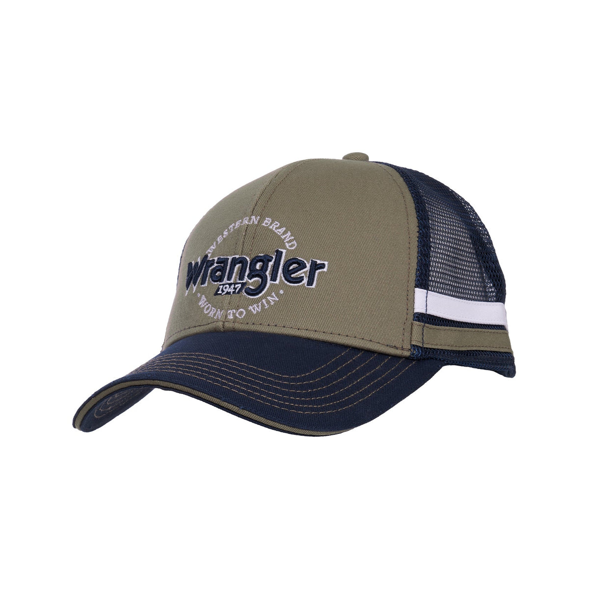 Green and navy cap with 'Wrangler' logo on a white background