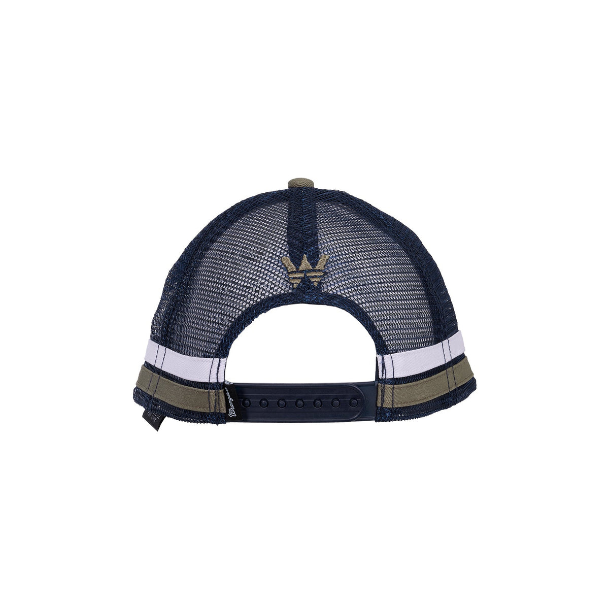 Navy blue mesh cap with reflective stripes on a white background