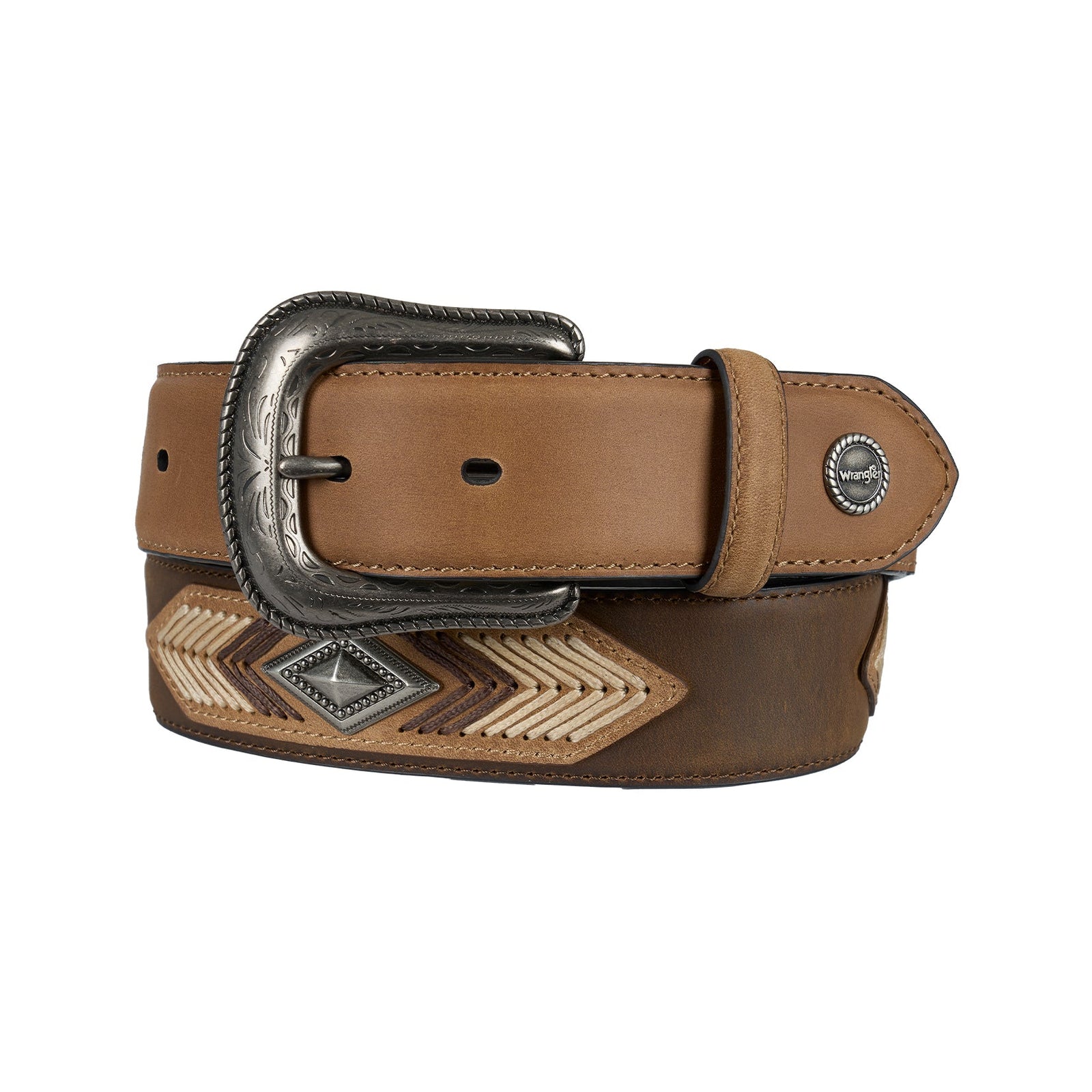 Brown leather belt with decorative buckle on a white background