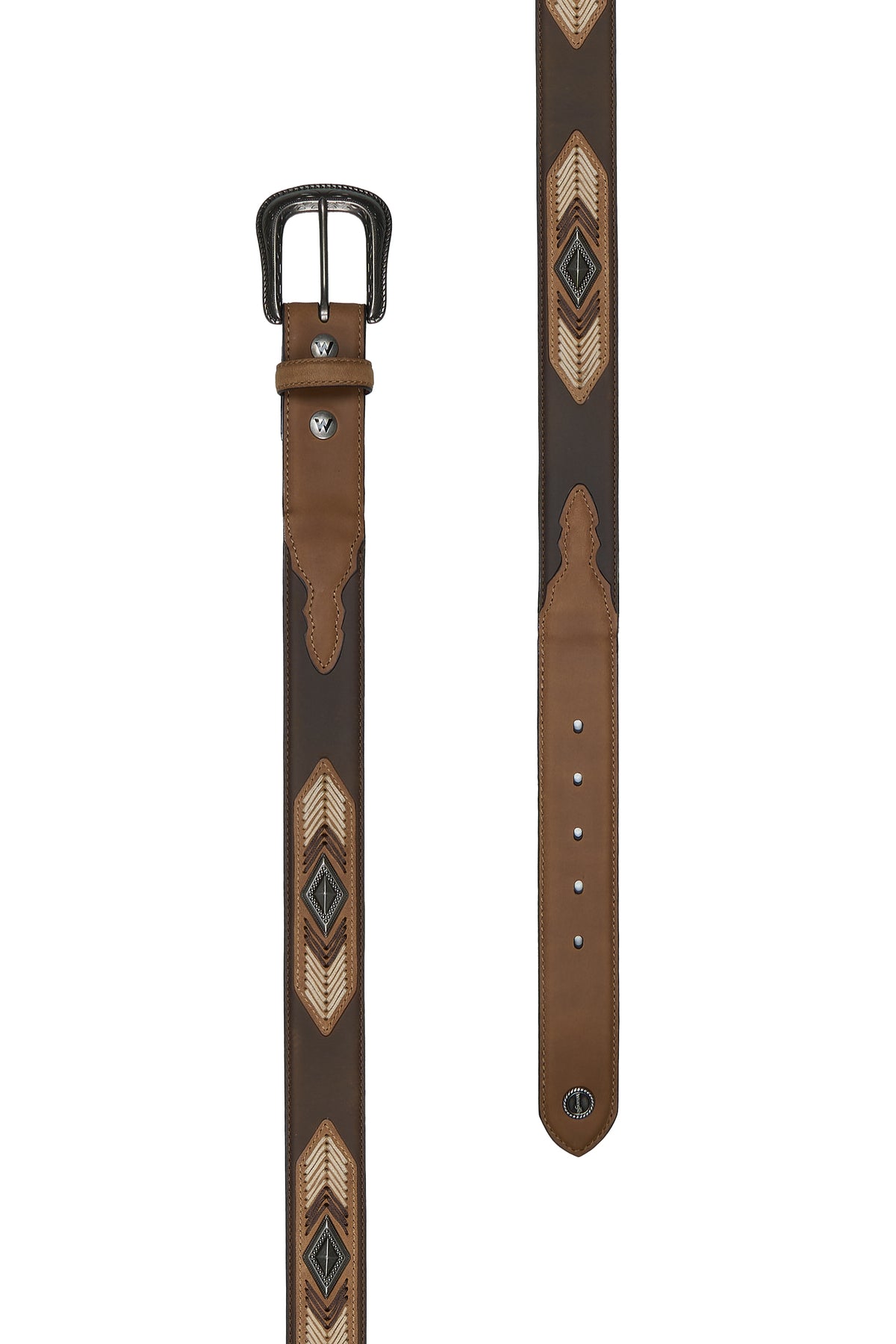 Brown leather belt with geometric patterns on a white background
