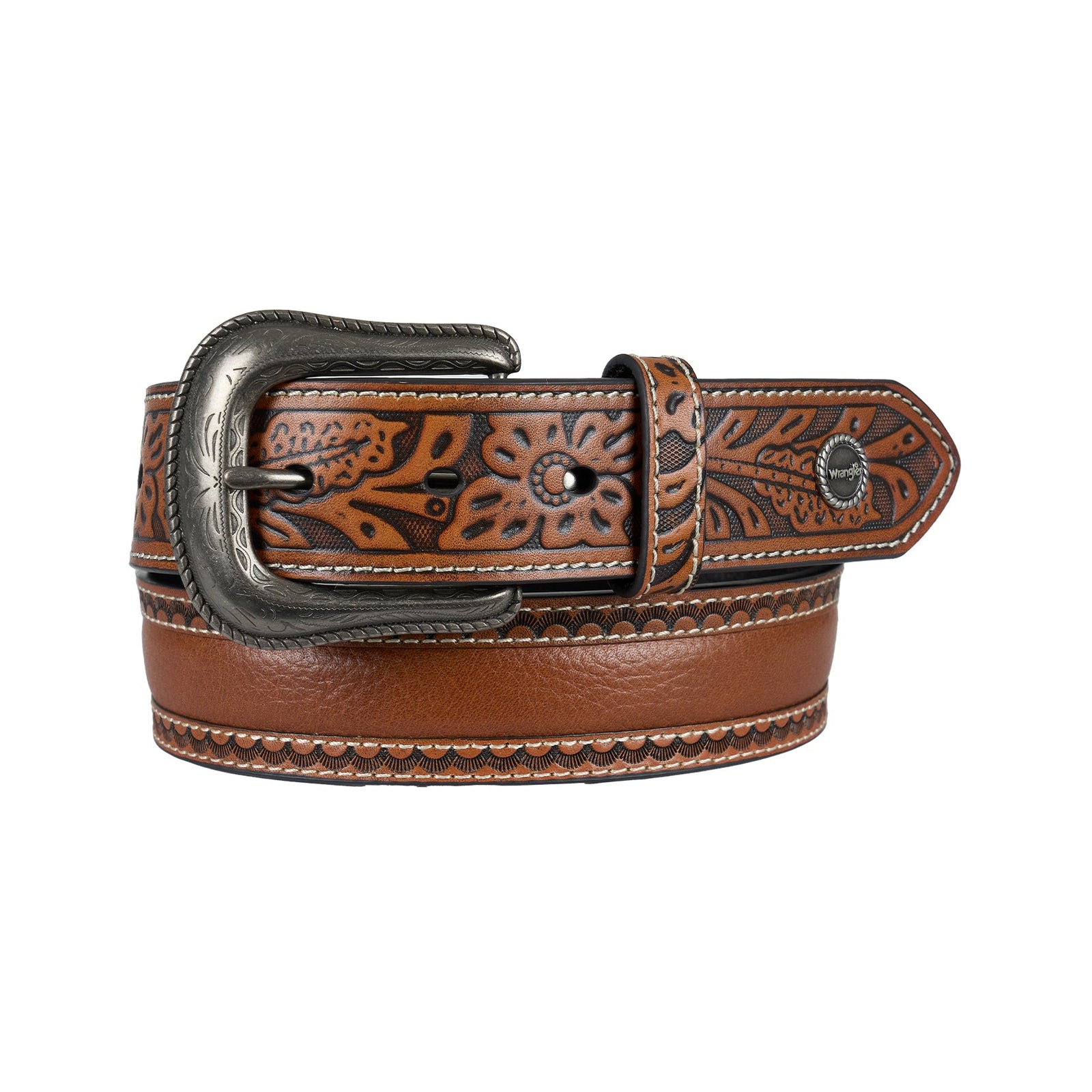 Brown leather belt with intricate design and silver buckle on a white background