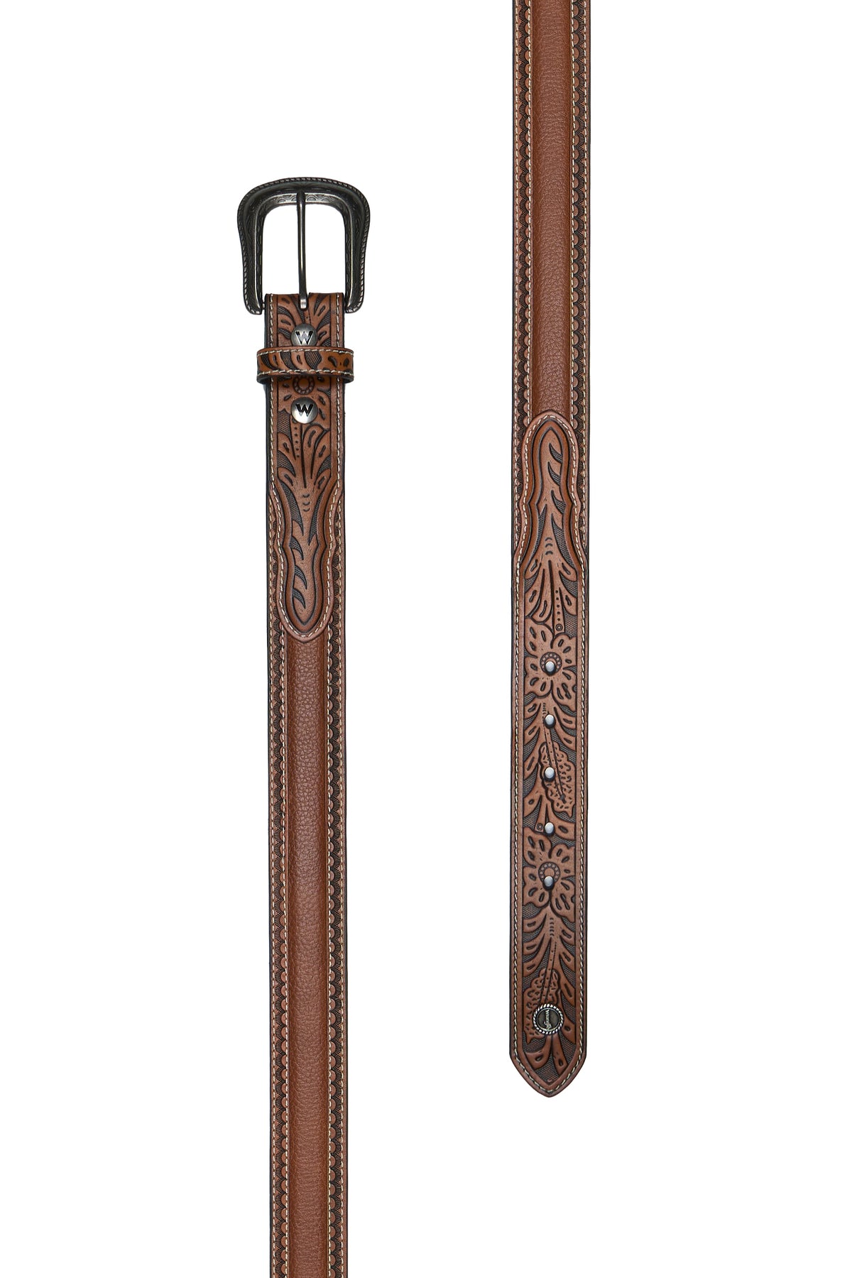 Brown leather belt with intricate designs on a white background