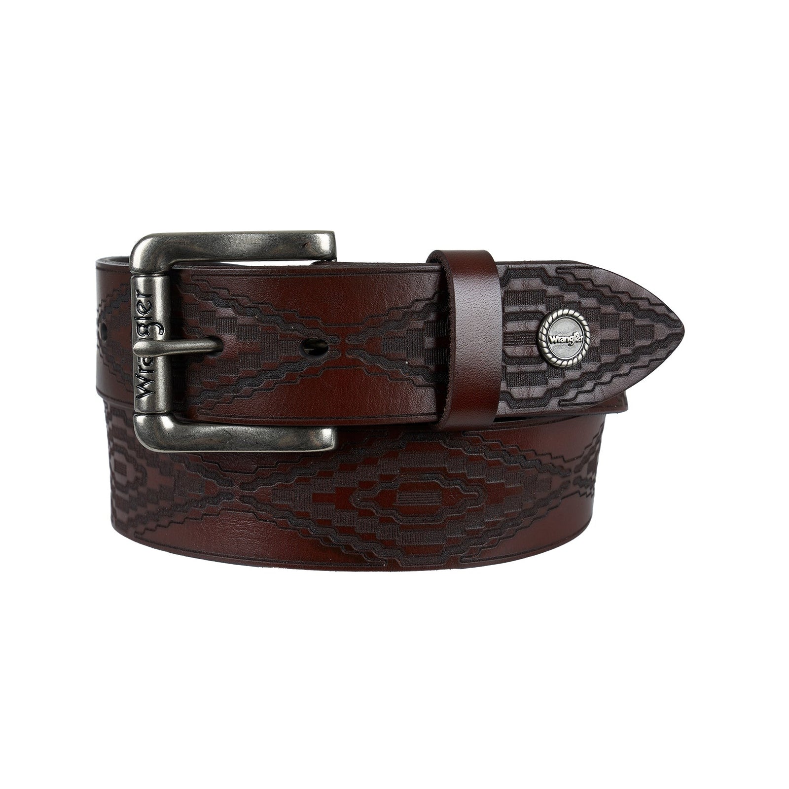 Brown leather belt with a silver buckle on a white background
