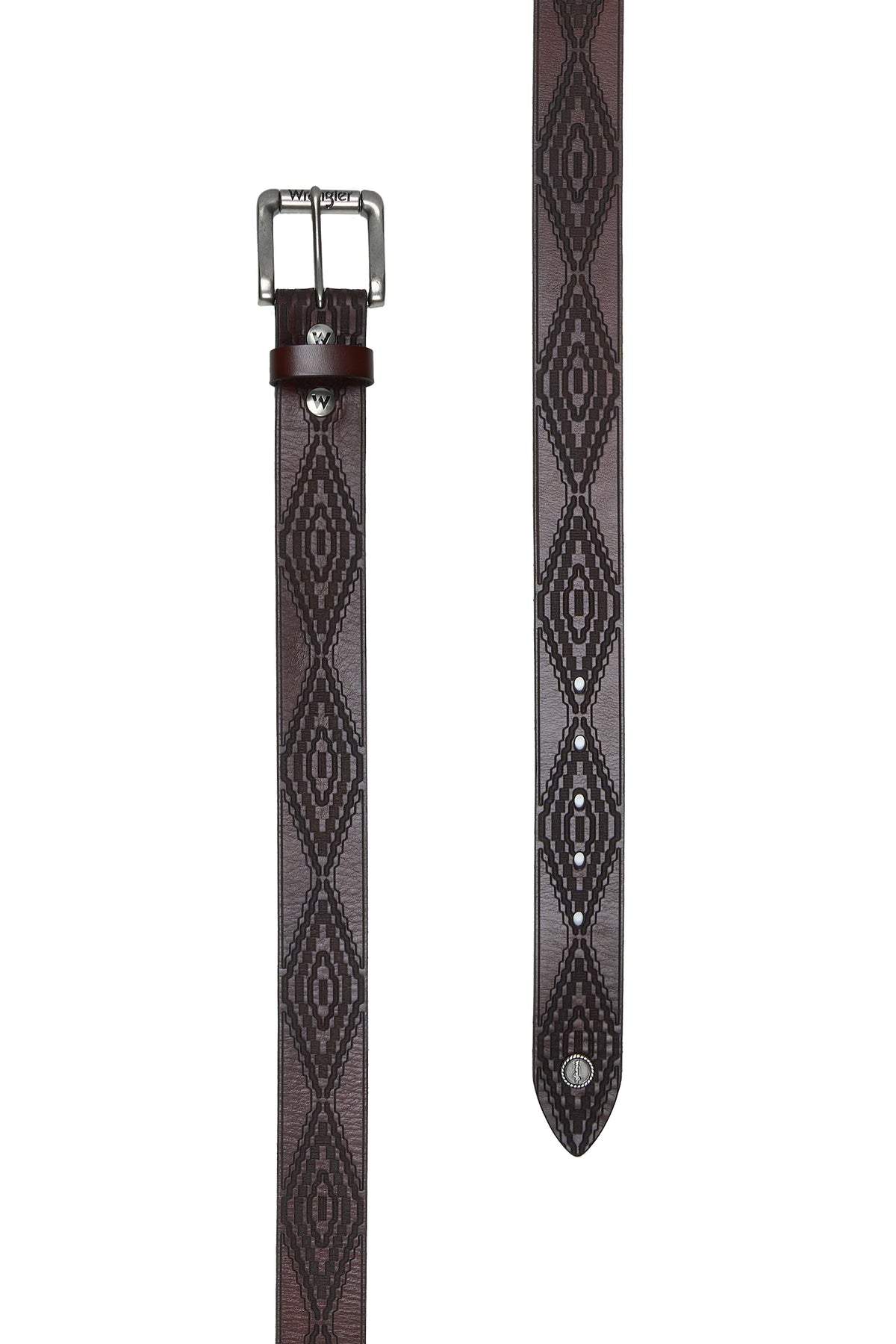 Black leather belt with geometric pattern on a white background