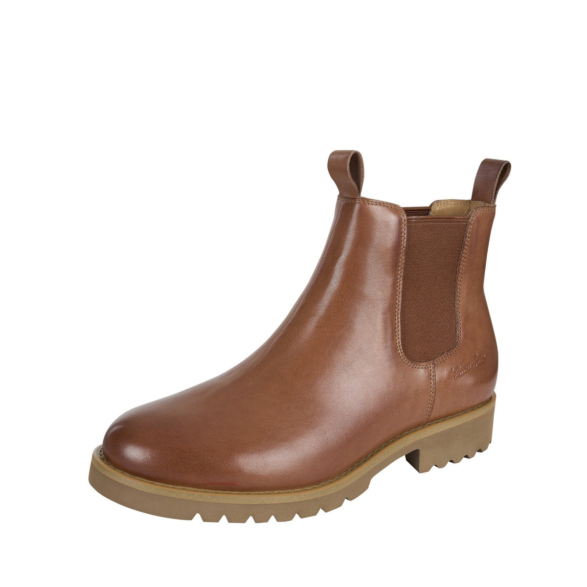 Brown leather Chelsea boot on a white background
