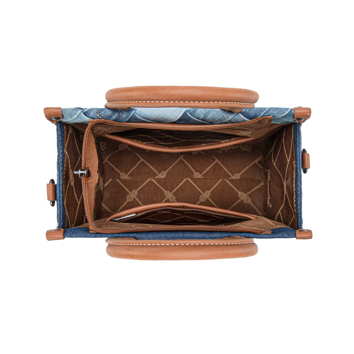 Open handbag showing interior with blue and brown design on a white background