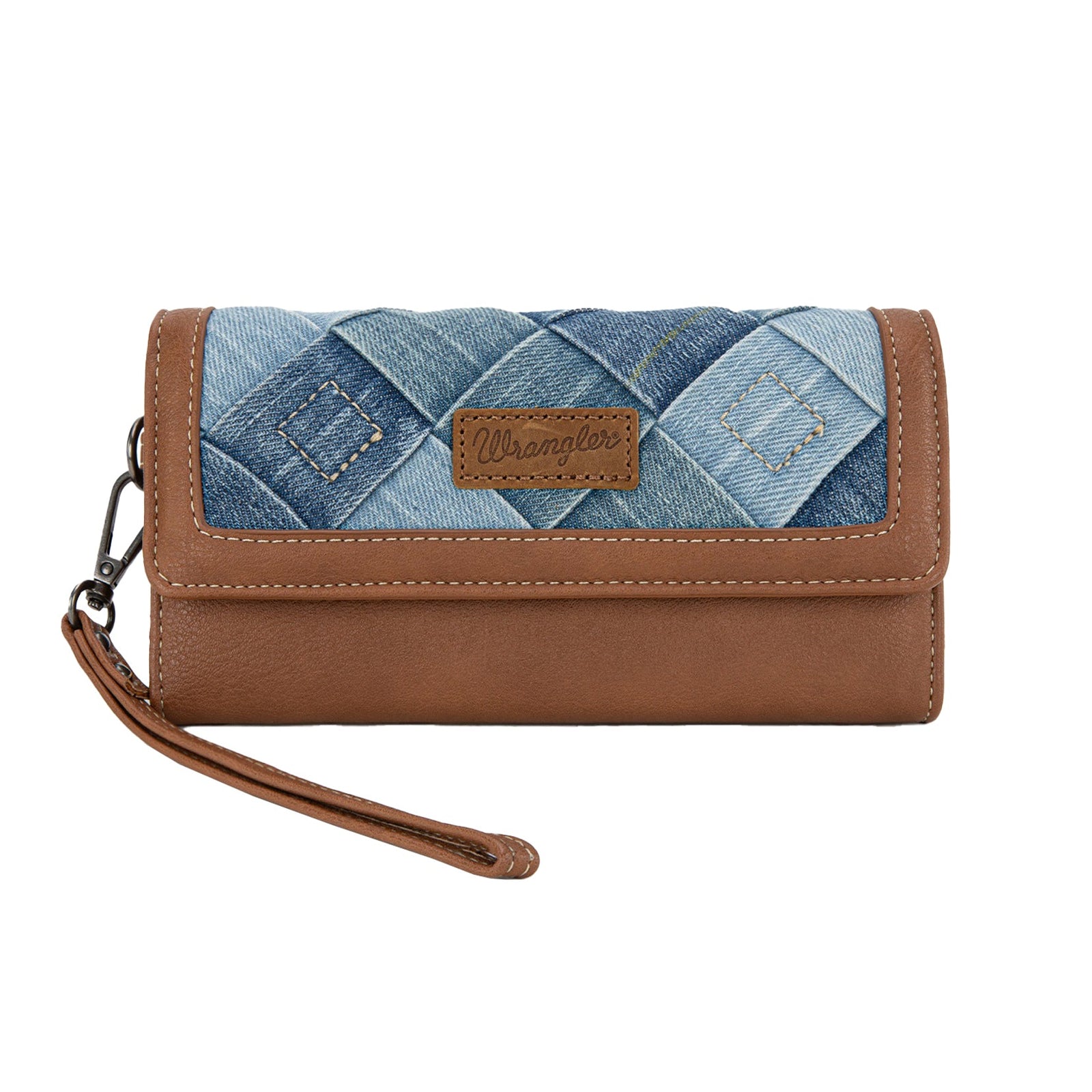 Wallet with denim patchwork design on a white background