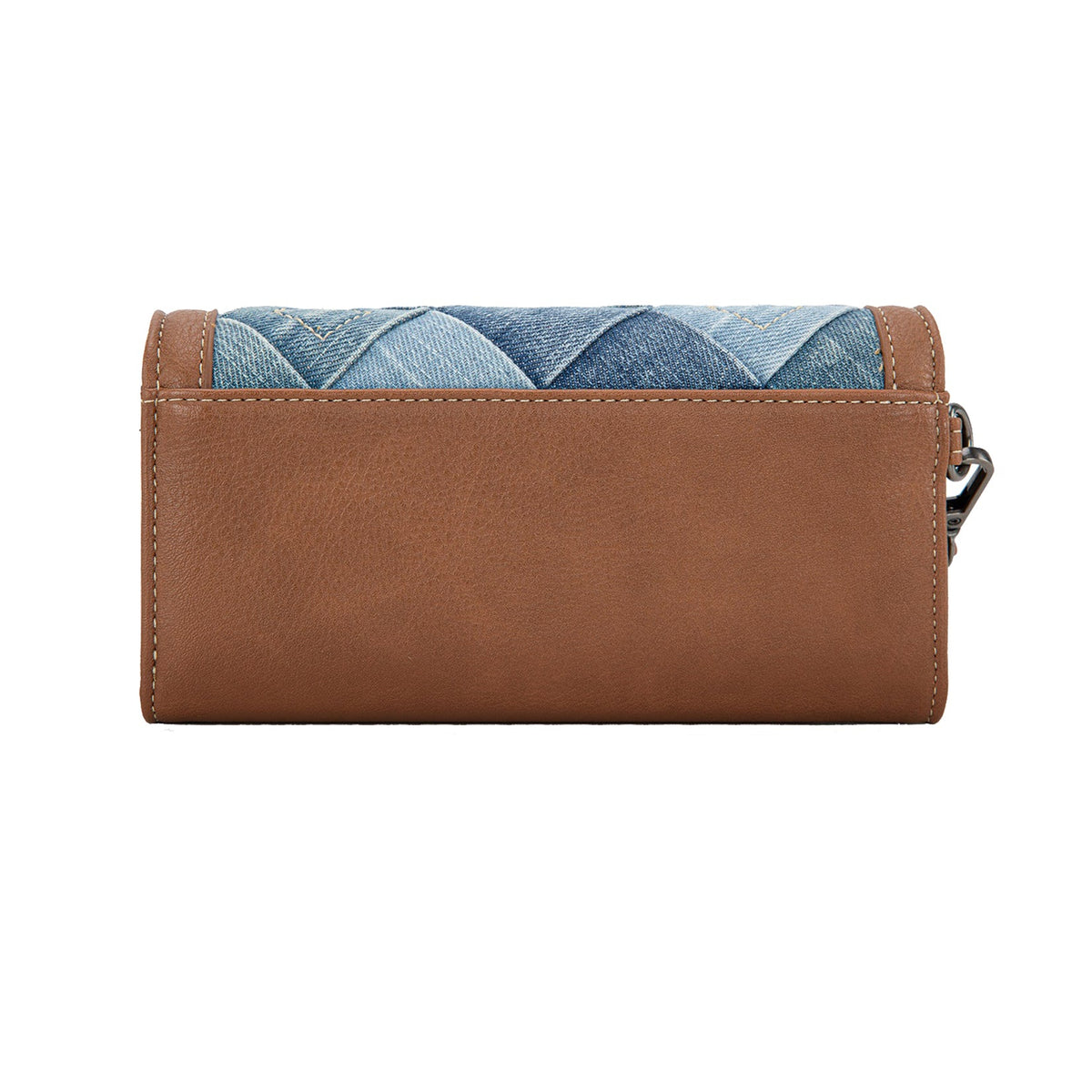 Brown wallet with blue quilted patch on a white background