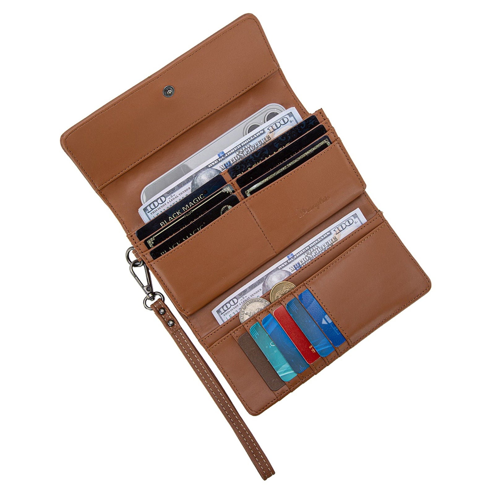 Wallet with denim patchwork design on a white background