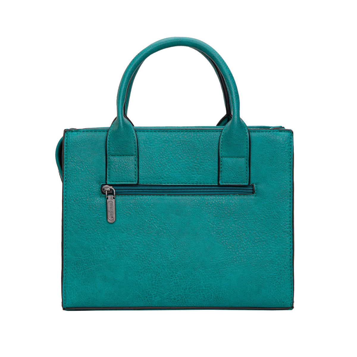 Teal handbag with a handle on a white background