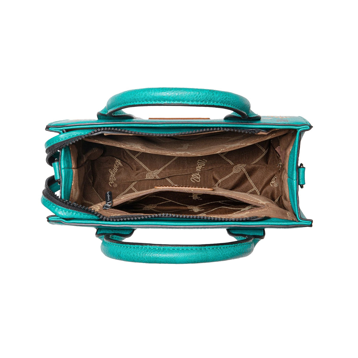 Turquoise handbag with open lid on a white background