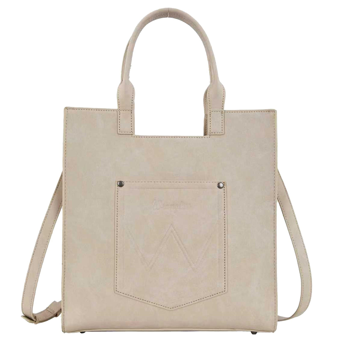 Beige tote bag with a front pocket on a white background