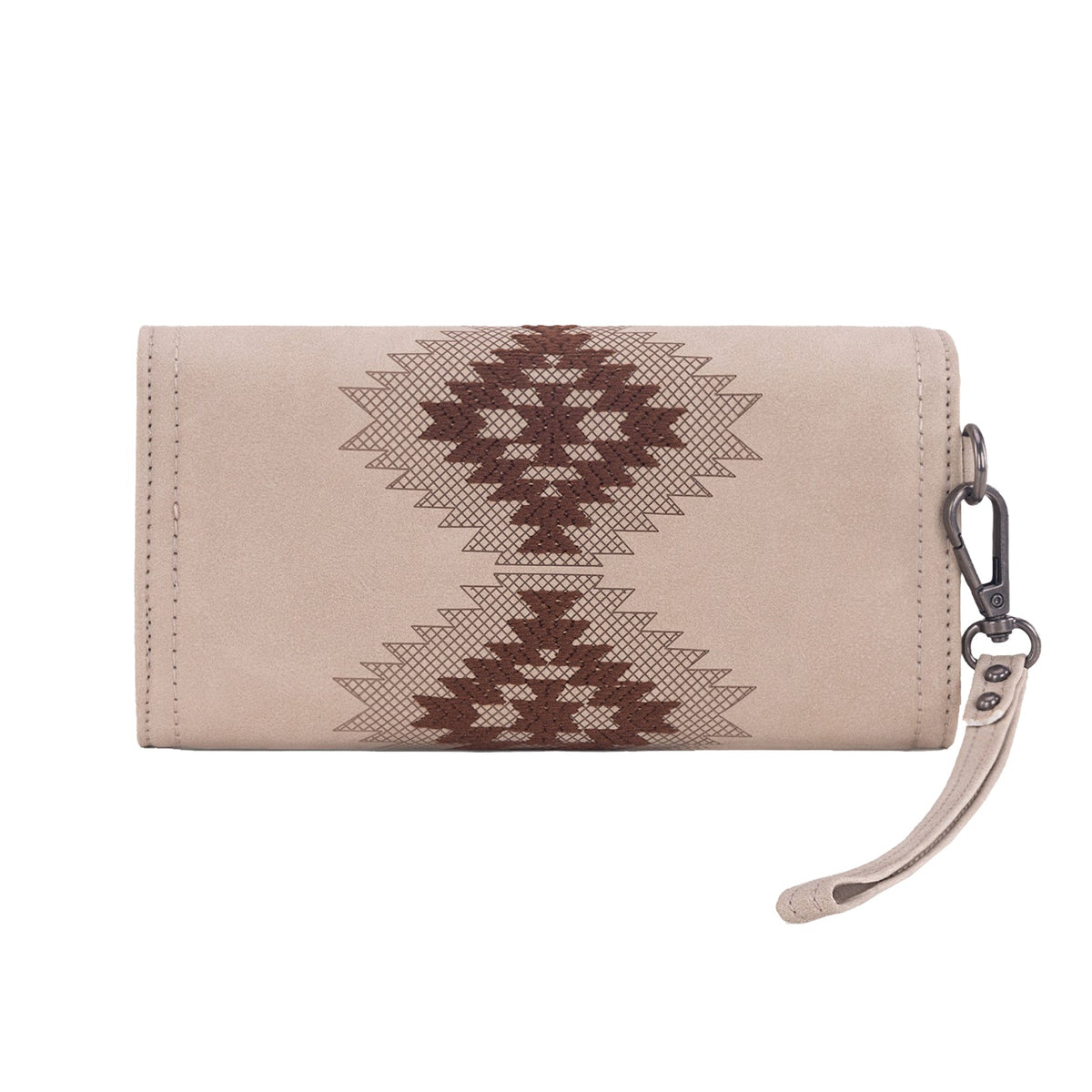 Beige wallet with brown geometric pattern on a white background