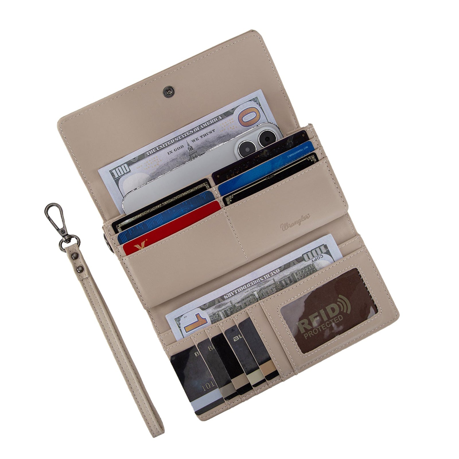 Beige wallet with tribal pattern on a white background