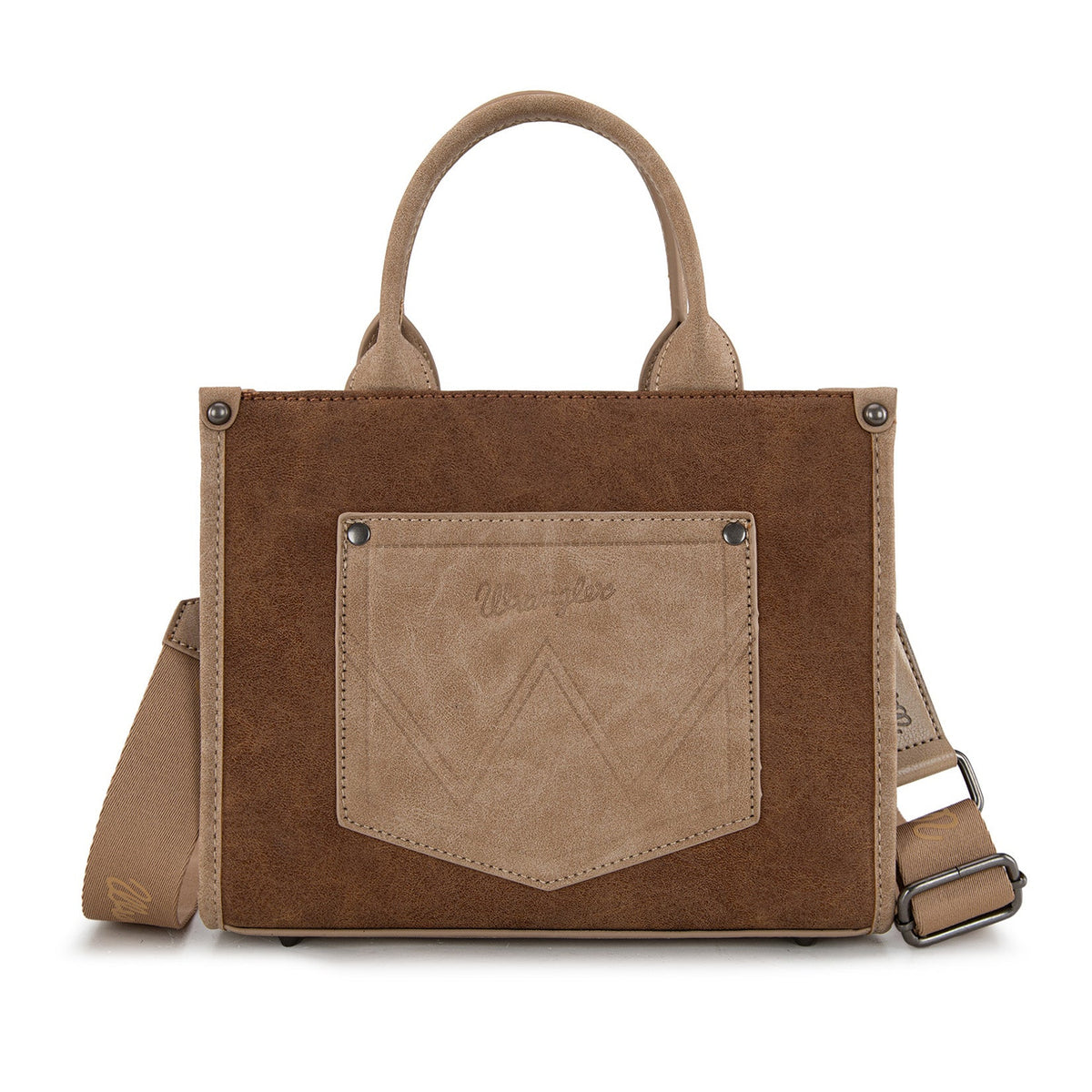 Brown handbag with a pocket on a white background
