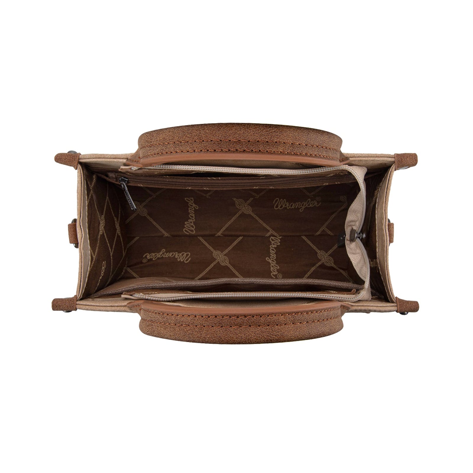 Brown handbag with a decorative buckle on a white background