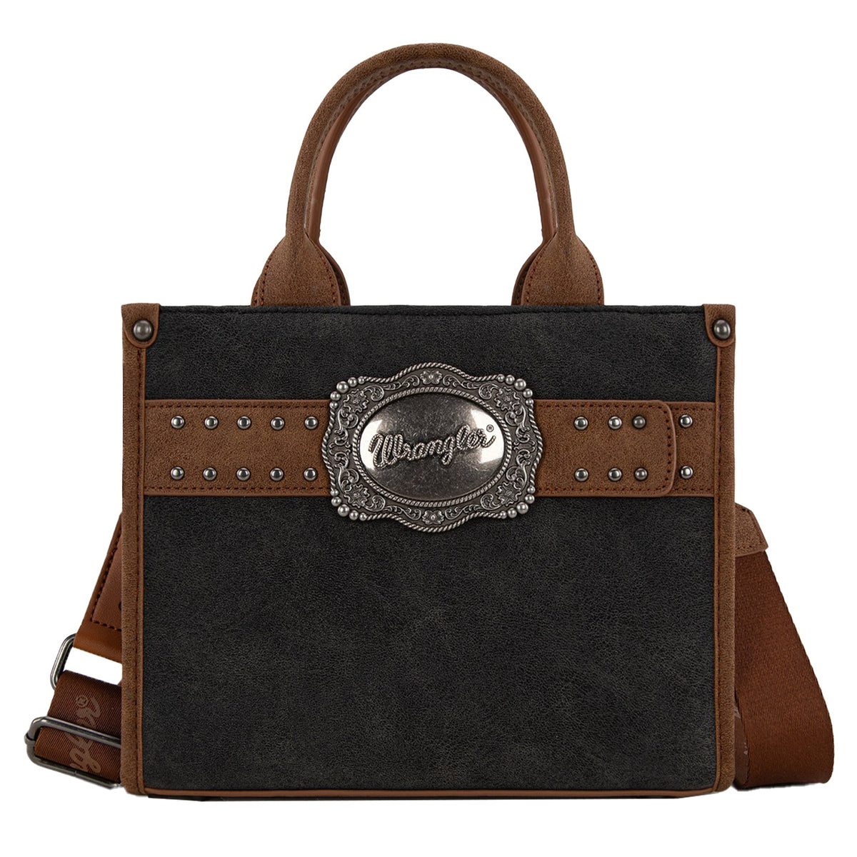 Black handbag with brown accents and a prominent logo on a white background