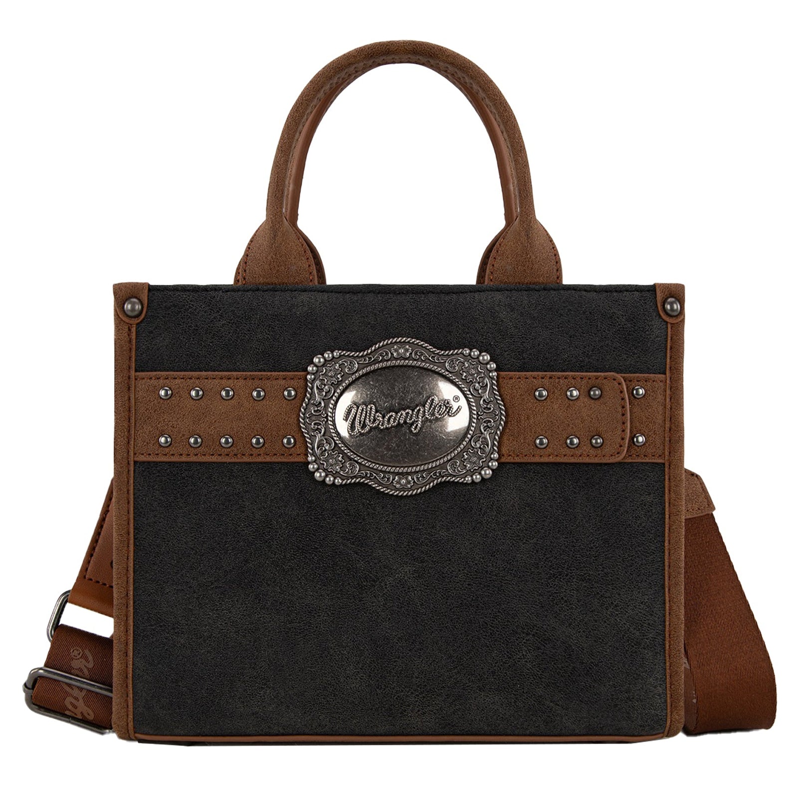 Black handbag with brown accents and a prominent logo on a white background